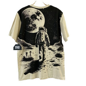 Time + Space Graphic T-shirt Men L Cream Black Astronaut Moon Print Futuristic